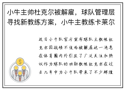 小牛主帅杜克尔被解雇，球队管理层寻找新教练方案，小牛主教练卡莱尔