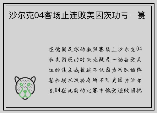 沙尔克04客场止连败美因茨功亏一篑