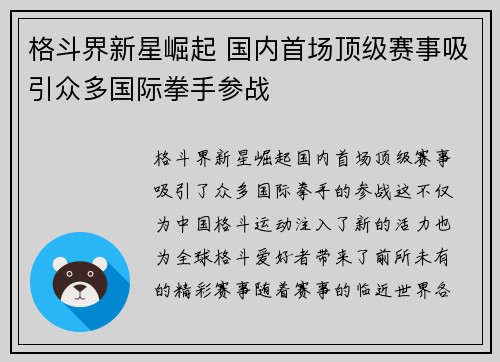 格斗界新星崛起 国内首场顶级赛事吸引众多国际拳手参战