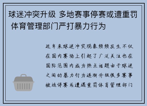 球迷冲突升级 多地赛事停赛或遭重罚 体育管理部门严打暴力行为